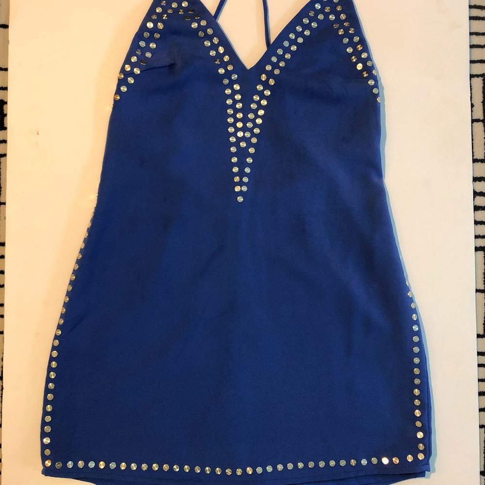 blue dress with silver buttons